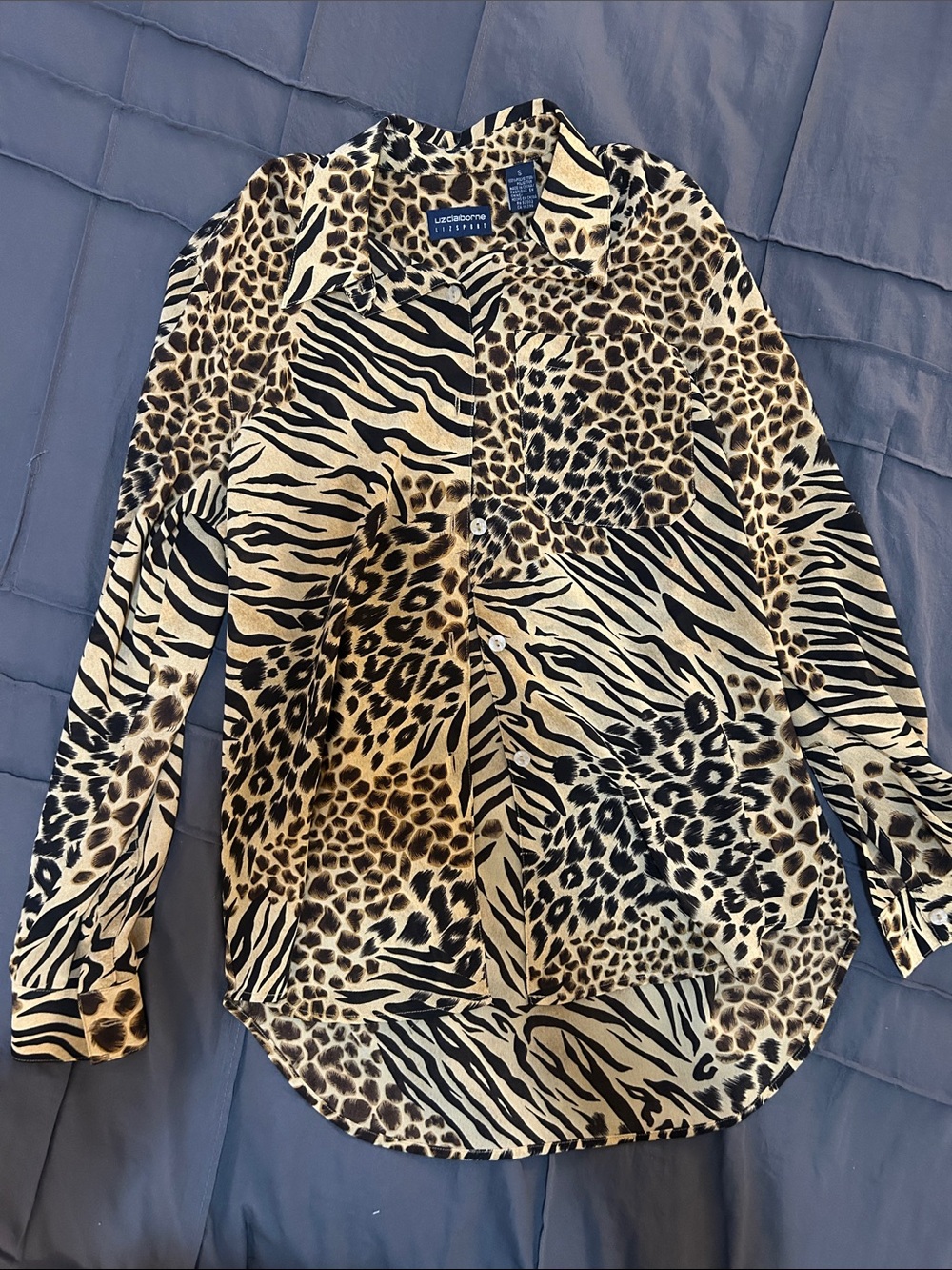 Liz Claiborne Animal Print Button-Up Blouse in Black and Tan